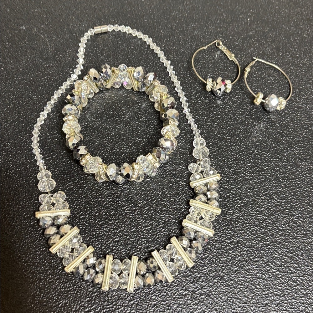 Elegant Silver Clear Jewelry Set Necklace Earrings Bracelet Formal Classy